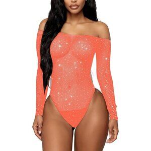 Women Light Pink Lingerie Fishnet Teddy Sparkle Rhinestone 1 Piece Mesh Bodysuit